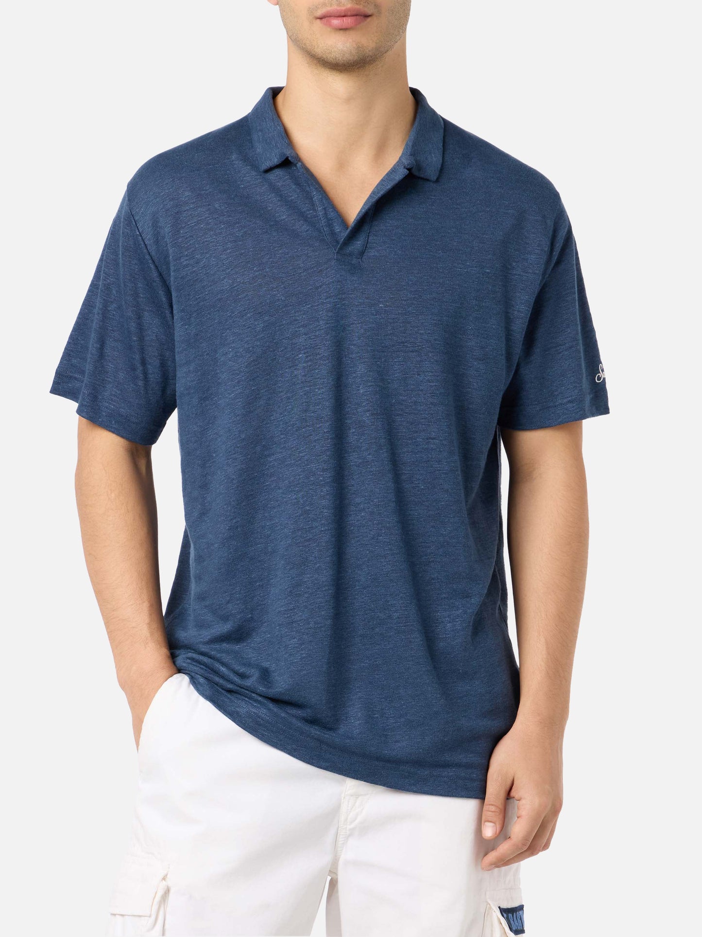 Navy blue linen buttonless polo shirt Fraser