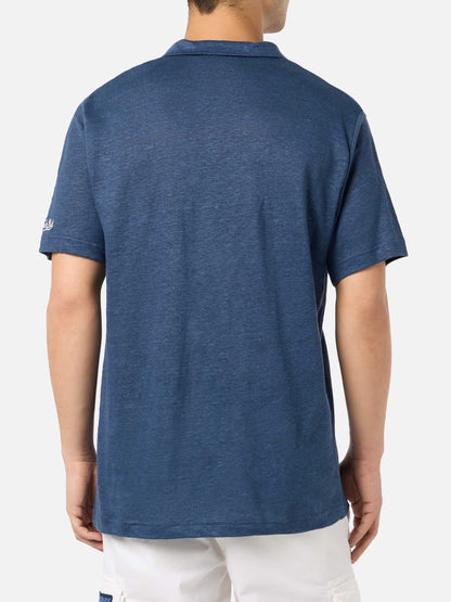 Navy blue linen buttonless polo shirt Fraser