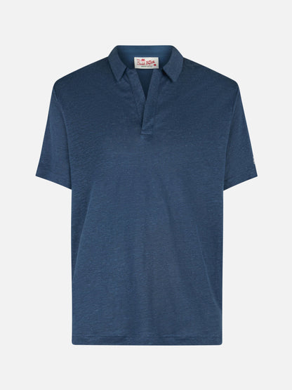 Navy blue linen buttonless polo shirt Fraser