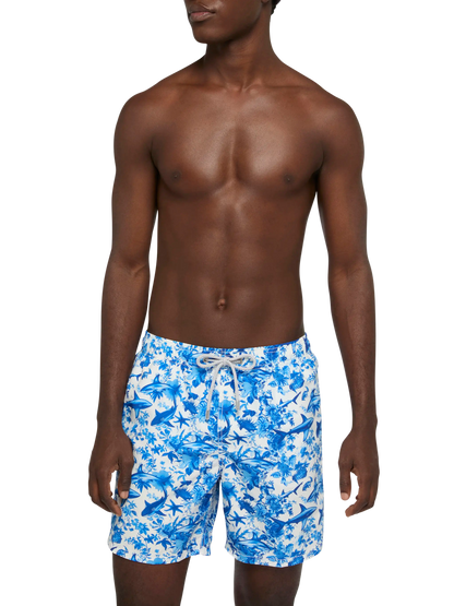 Mid-length Gustavia swim-shorts with shark print | AI CO-CREATED DESIGN BY RICKDICK - POWERED BY RED-EYE