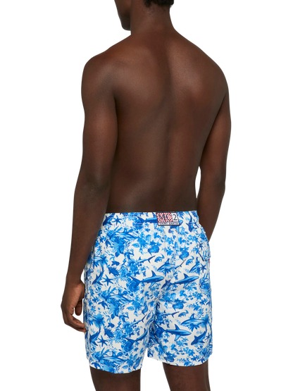 Mid-length Gustavia swim-shorts with shark print | AI CO-CREATED DESIGN BY RICKDICK - POWERED BY RED-EYE