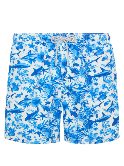 Mid-length Gustavia swim-shorts with shark print | AI CO-CREATED DESIGN BY RICKDICK - POWERED BY RED-EYE