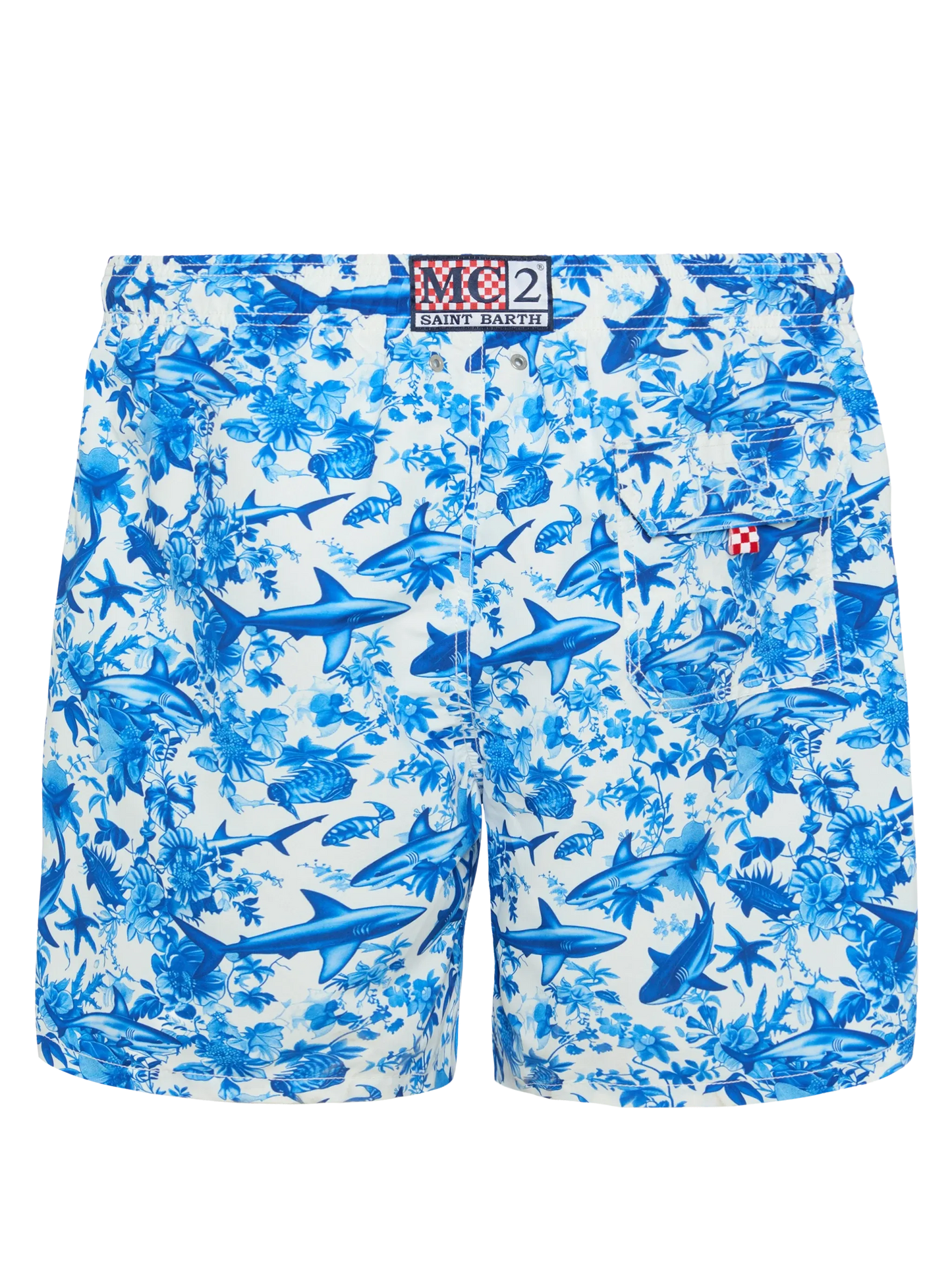 Mid-length Gustavia swim-shorts with shark print | AI CO-CREATED DESIGN BY RICKDICK - POWERED BY RED-EYE