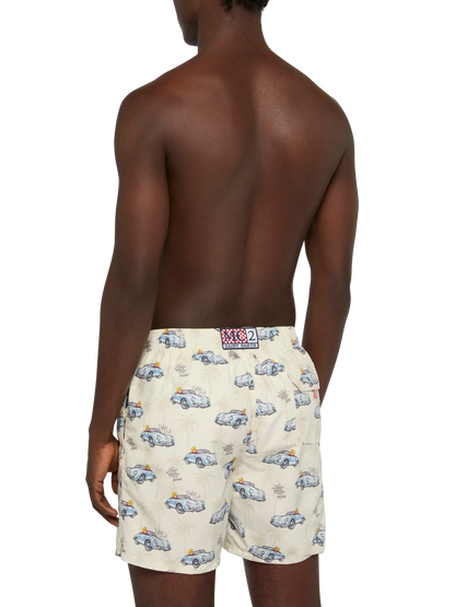 Mid-length Gustavia swim-shorts with ducky and car print |CRYPTOPUPPETS SPECIAL EDITION