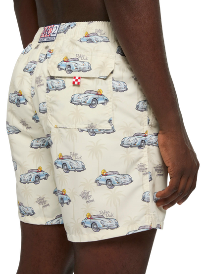Mid-length Gustavia swim-shorts with ducky and car print |CRYPTOPUPPETS SPECIAL EDITION