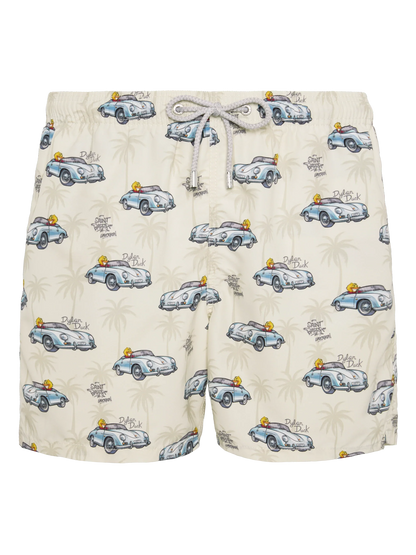 Mid-length Gustavia swim-shorts with ducky and car print |CRYPTOPUPPETS SPECIAL EDITION