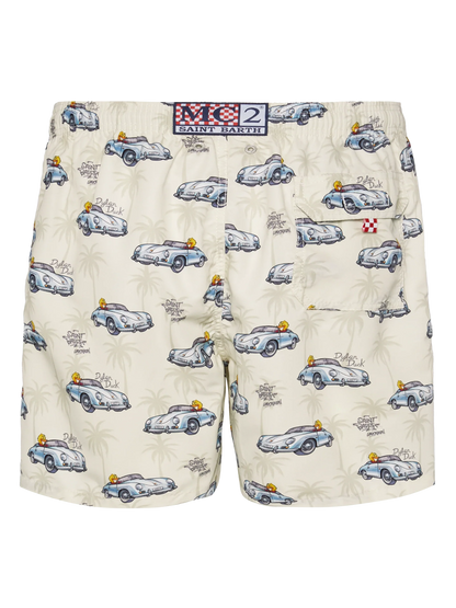Mid-length Gustavia swim-shorts with ducky and car print |CRYPTOPUPPETS SPECIAL EDITION
