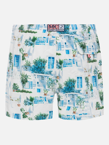 Mid-length Gustavia swim-shorts with Greek house print | AI CO-CREATED DESIGN BY RICKDICK - POWERED BY RED-EYE