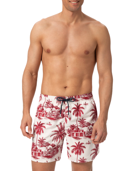 Mid-length Gustavia swim-shorts with toile de jouy print | AI CO-CREATED DESIGN BY RICKDICK - POWERED BY RED-EYE