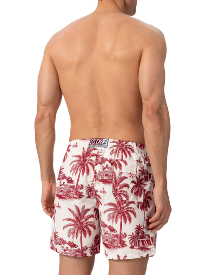 Mid-length Gustavia swim-shorts with toile de jouy print | AI CO-CREATED DESIGN BY RICKDICK - POWERED BY RED-EYE