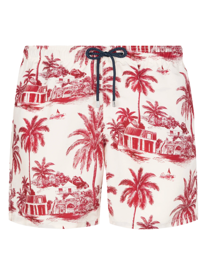 Mid-length Gustavia swim-shorts with toile de jouy print | AI CO-CREATED DESIGN BY RICKDICK - POWERED BY RED-EYE