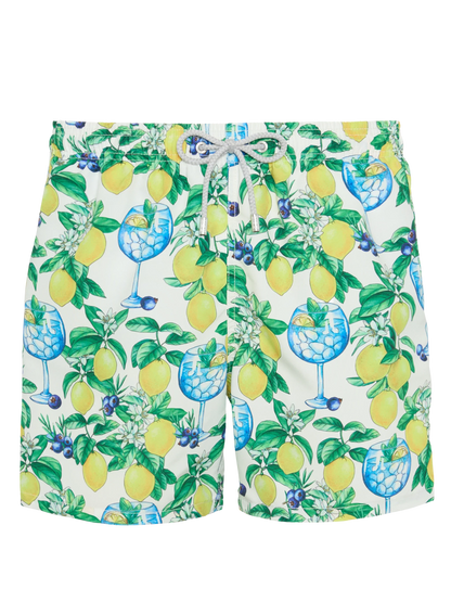 Mid-length Gustavia swim-shorts with gin and lemons print
