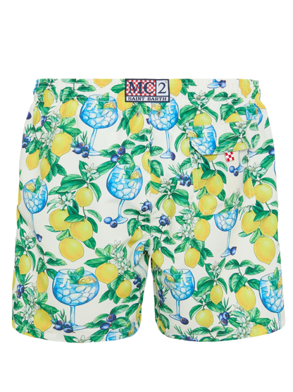 Mid-length Gustavia swim-shorts with gin and lemons print