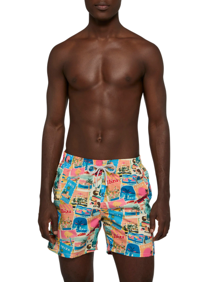 Mid-length Gustavia swim-shorts with Ibiza postcard print | AI CO-CREATED DESIGN BY RICKDICK - POWERED BY RED-EYE