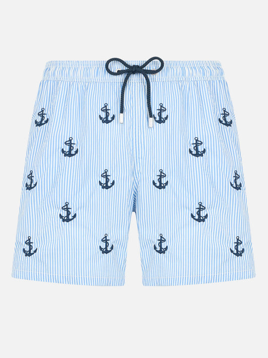 Man mid-length seersucker Gustavia swim shorts with anchors embroidery