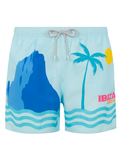 Mid-length Gustavia swim-shorts with Ibiza postcard placed print