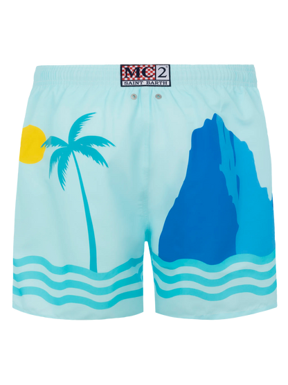 Mid-length Gustavia swim-shorts with Ibiza postcard placed print
