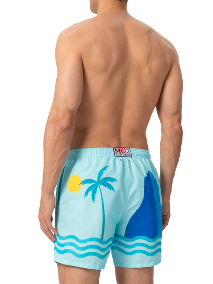 Mid-length Gustavia swim-shorts with Ibiza postcard placed print