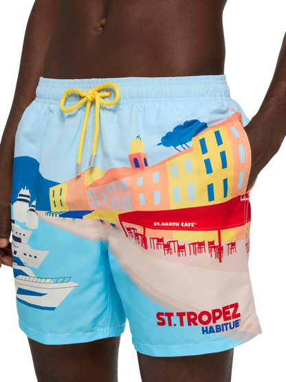 Mid-length Gustavia swim-shorts with St. Tropez postcard placed print