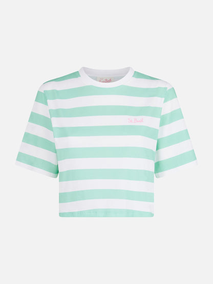 Woman acquamarine and white striped crop t-shirt