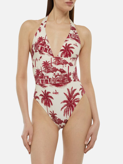 Marylin one-piece swimsuit with toile de jouy print | AI CO-CREATED DESIGN BY RICKDICK - POWERED BY RED-EYE