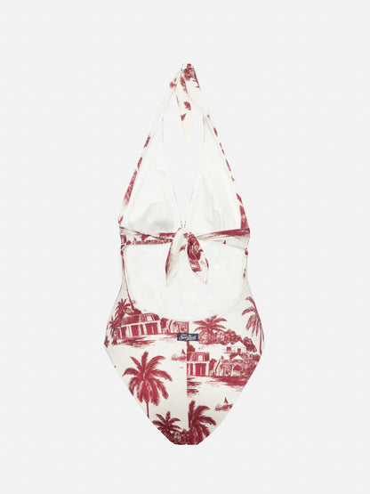 Marylin one-piece swimsuit with toile de jouy print | AI CO-CREATED DESIGN BY RICKDICK - POWERED BY RED-EYE