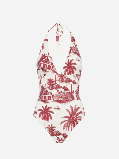 Marylin one-piece swimsuit with toile de jouy print | AI CO-CREATED DESIGN BY RICKDICK - POWERED BY RED-EYE