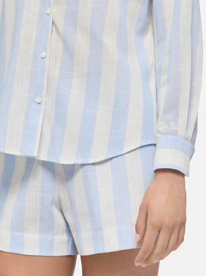 Meredith linen classic shirt with light blue striped print