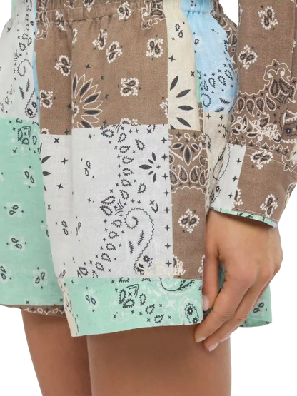 Meave linen pull up shorts with bandanna patch print