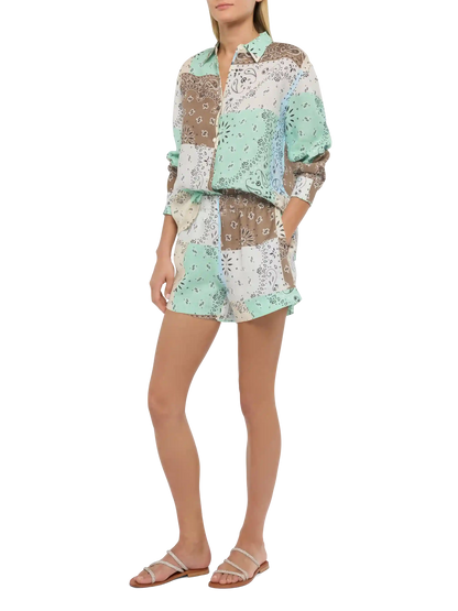 Meave linen pull up shorts with bandanna patch print