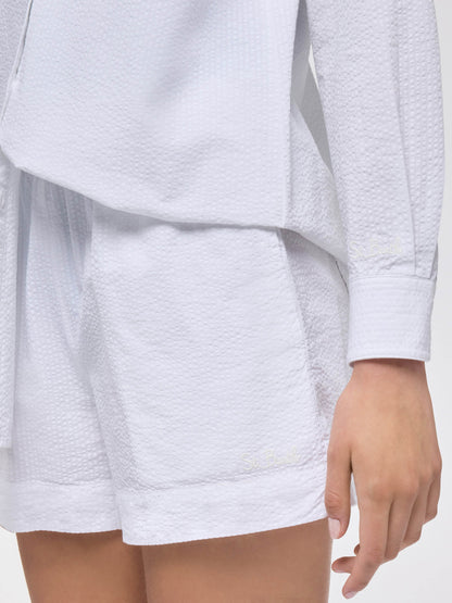 Meave white seersucker cotton pull-up shorts