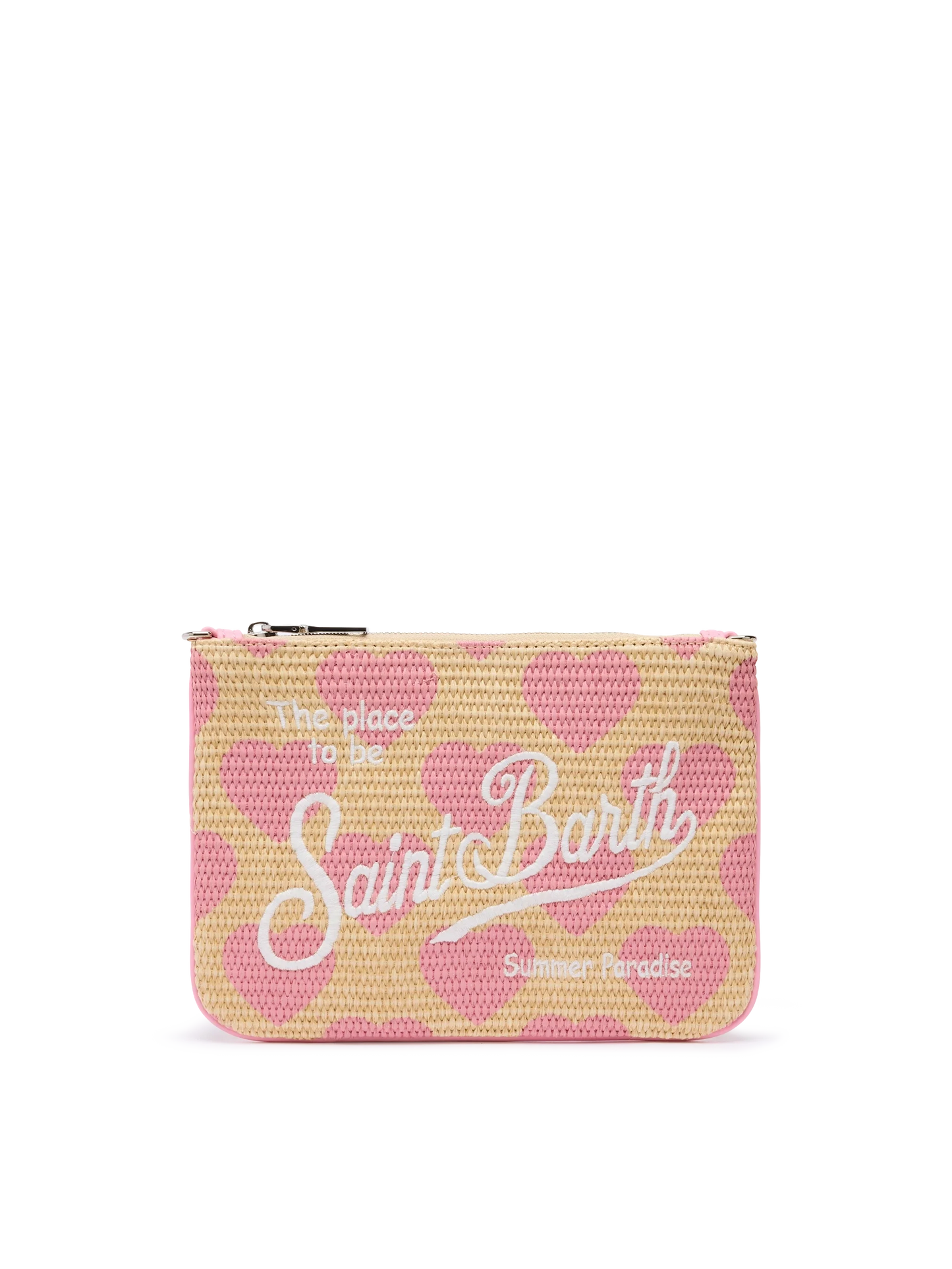 Parisienne Straw effect pouch bag with hearts print