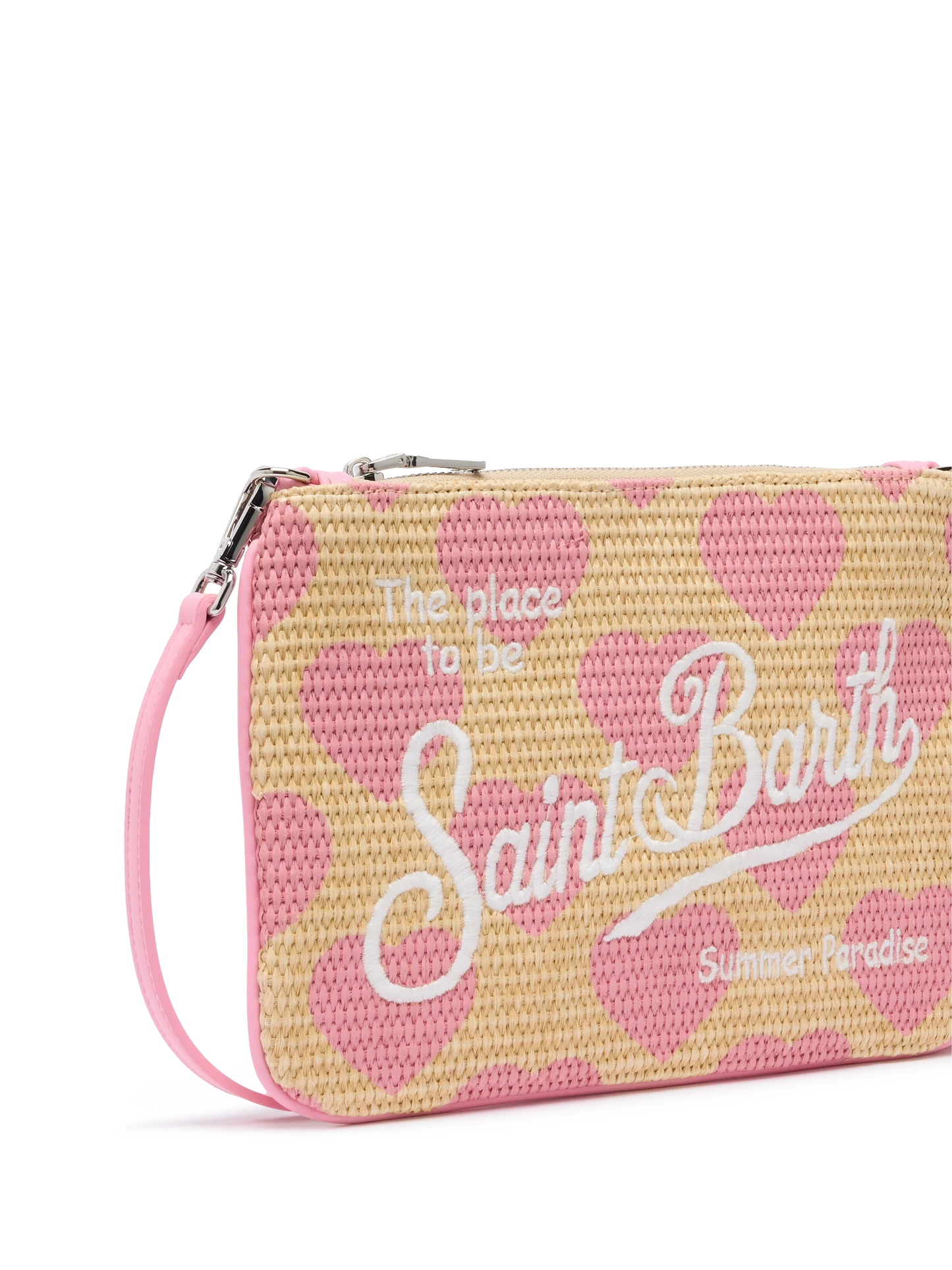 Parisienne Straw effect pouch bag with hearts print