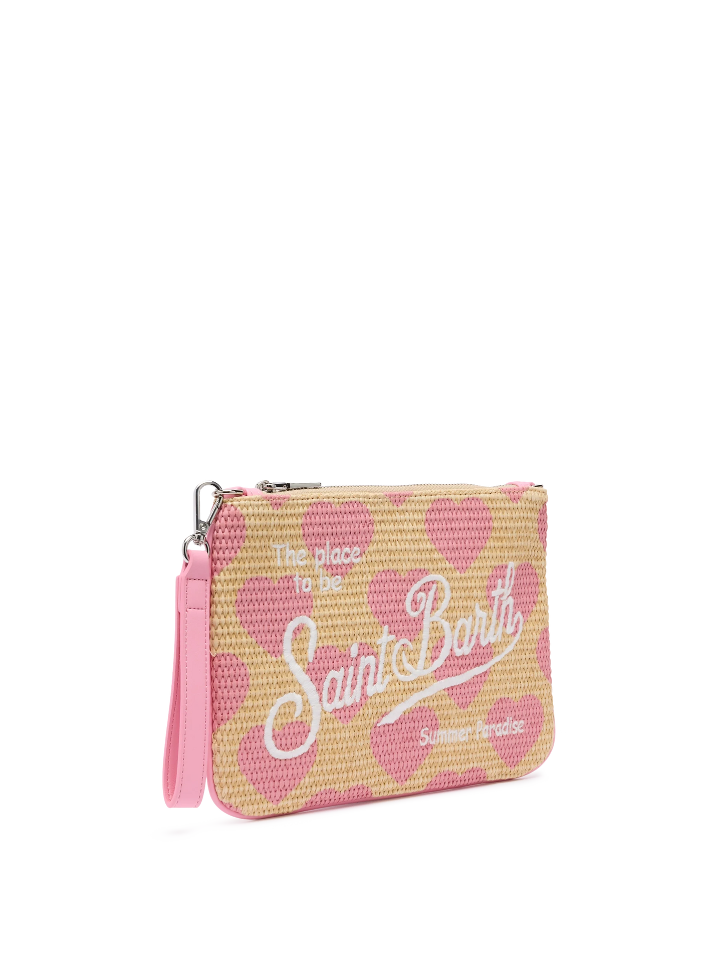 Parisienne Straw effect pouch bag with hearts print