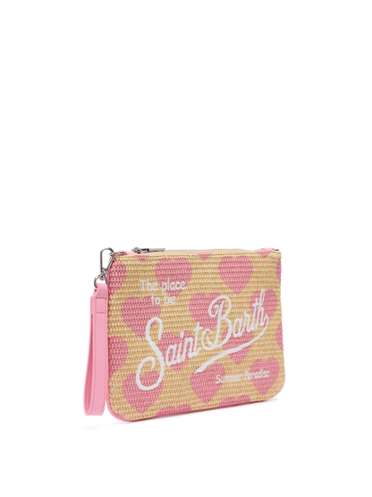 Parisienne Straw effect pouch bag with hearts print