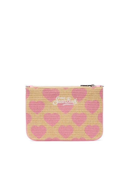 Parisienne Straw effect pouch bag with hearts print