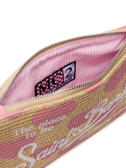 Parisienne Straw effect pouch bag with hearts print