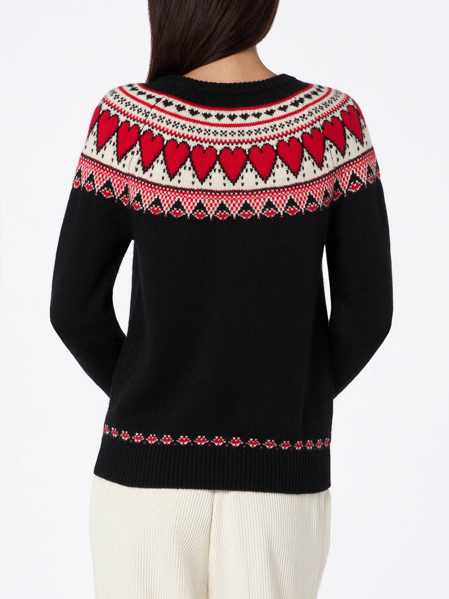 Woman black sweater New Queen with fair isle hearts jacquard