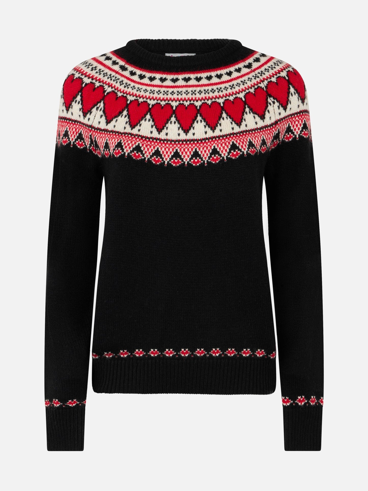 Woman black sweater New Queen with fair isle hearts jacquard