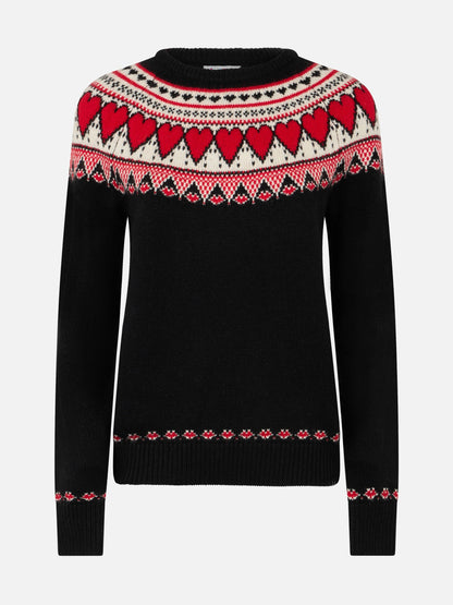 Woman black sweater New Queen with fair isle hearts jacquard