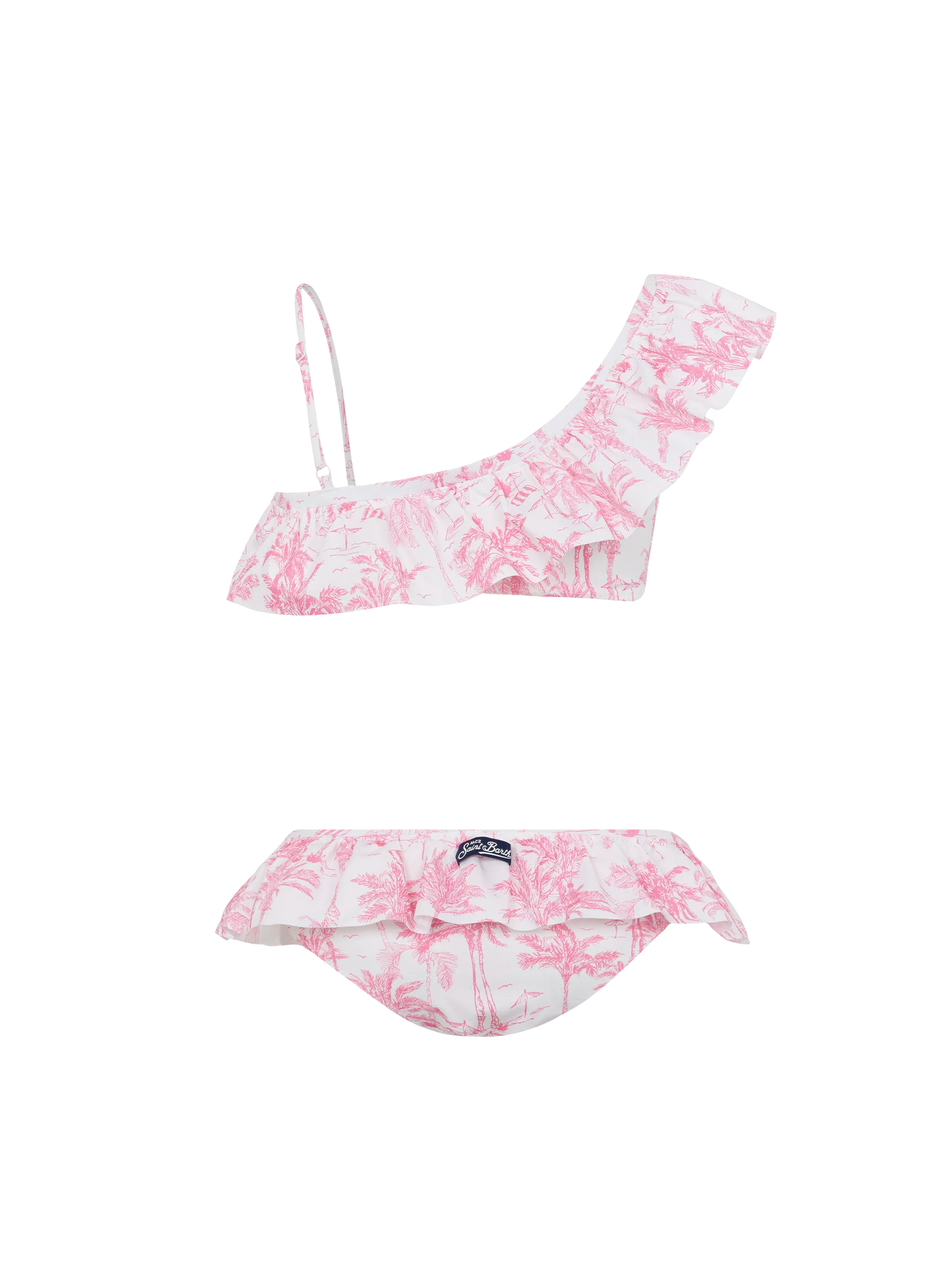 Rey one shoulder ruffled bikini with toile de jouy print