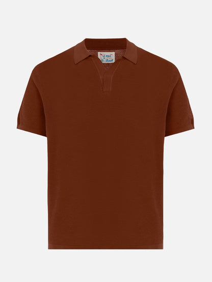 Sloan camel brown buttonless knitted polo shirt