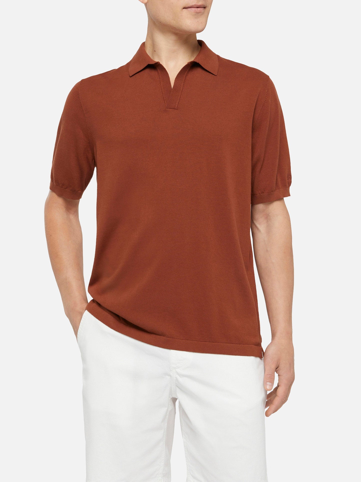 Sloan camel brown buttonless knitted polo shirt