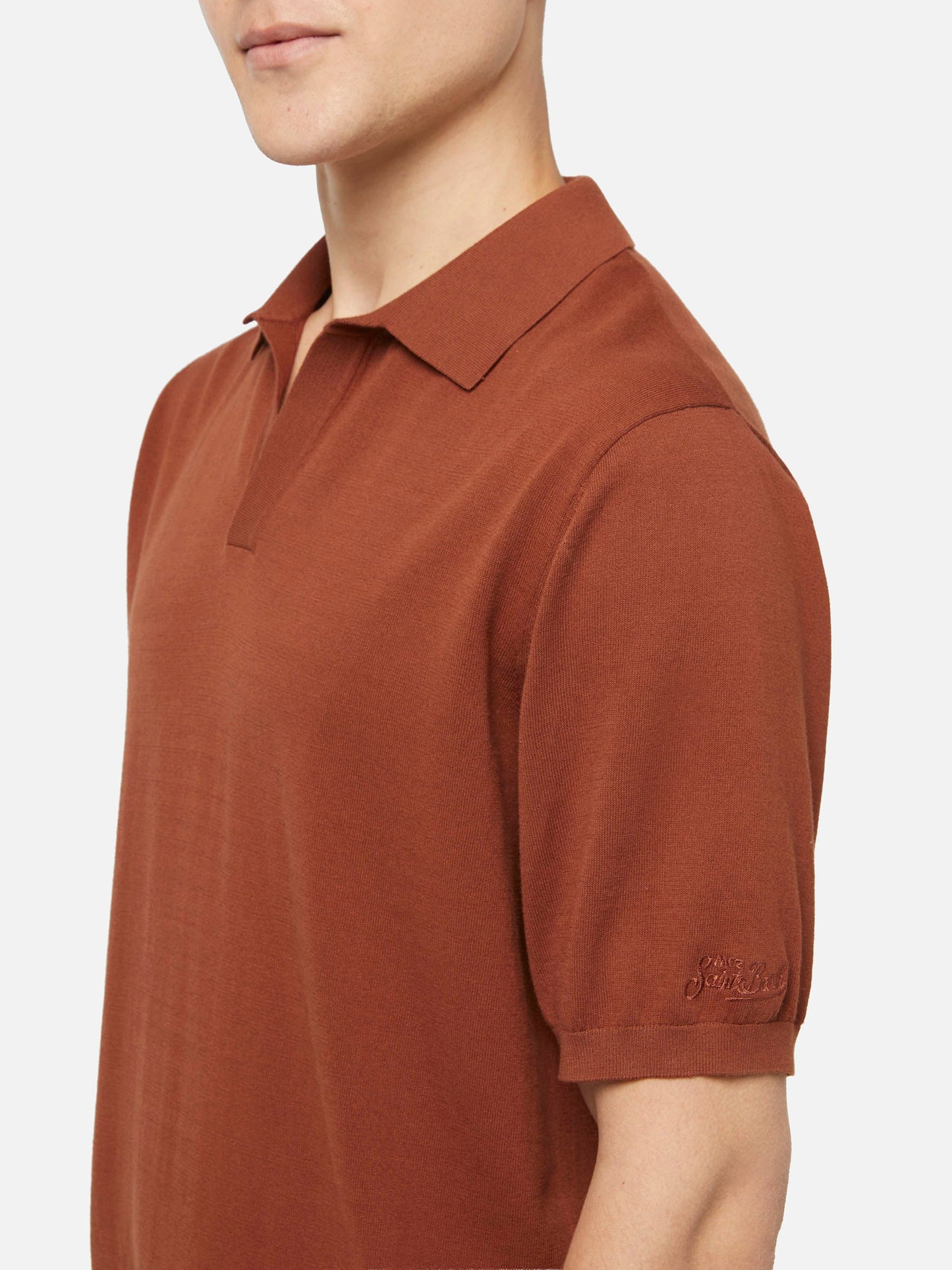 Sloan camel brown buttonless knitted polo shirt