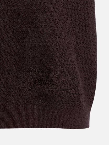Sloan brown buttonless mesh knitted polo shirt