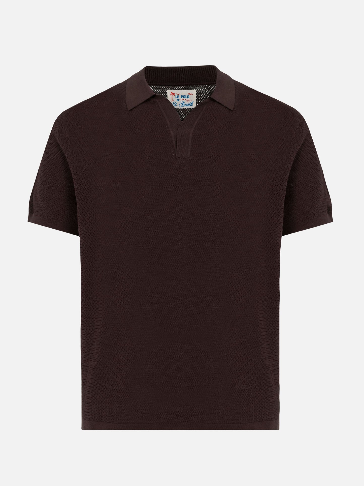 Sloan brown buttonless mesh knitted polo shirt