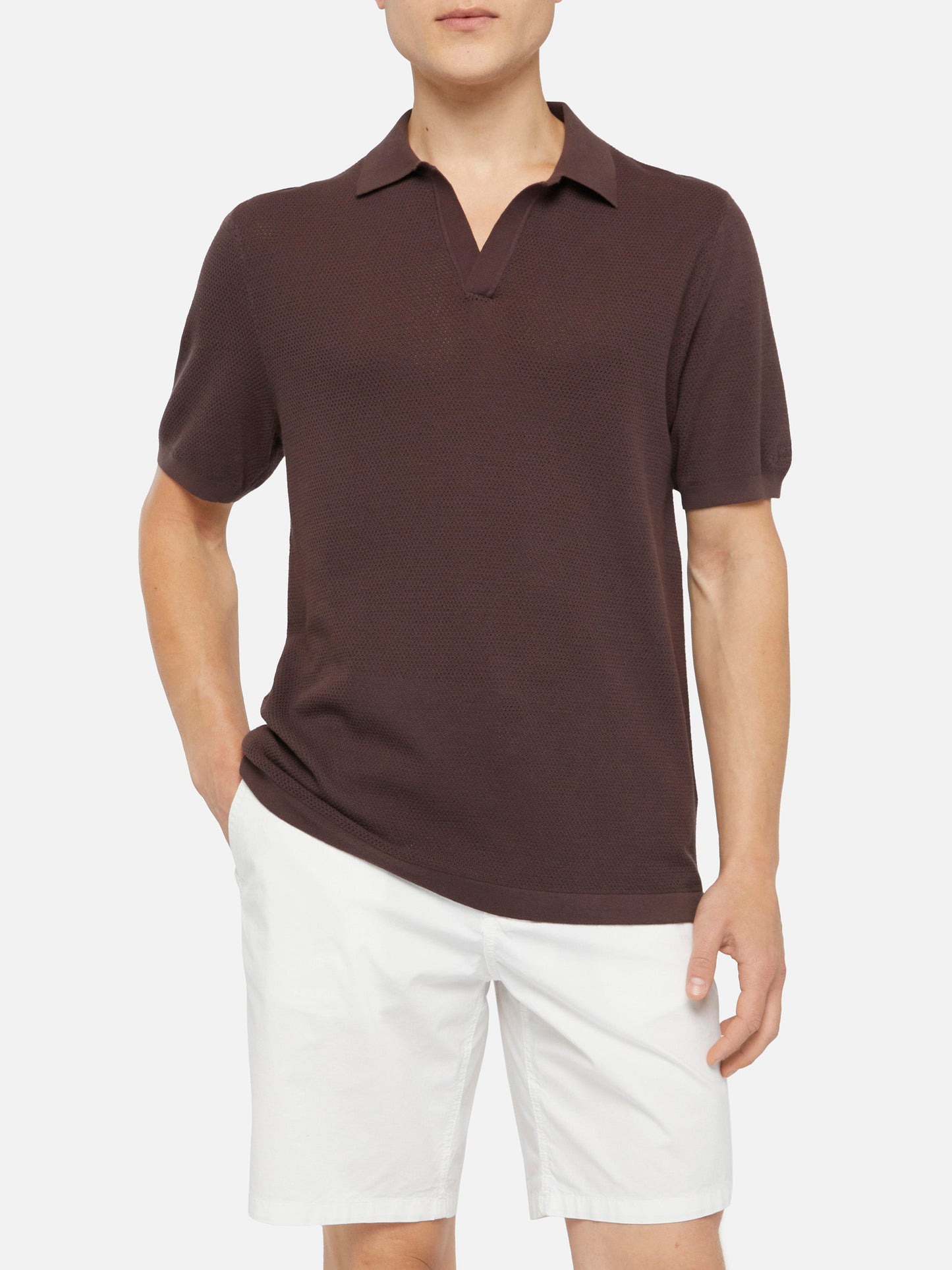Sloan brown buttonless mesh knitted polo shirt