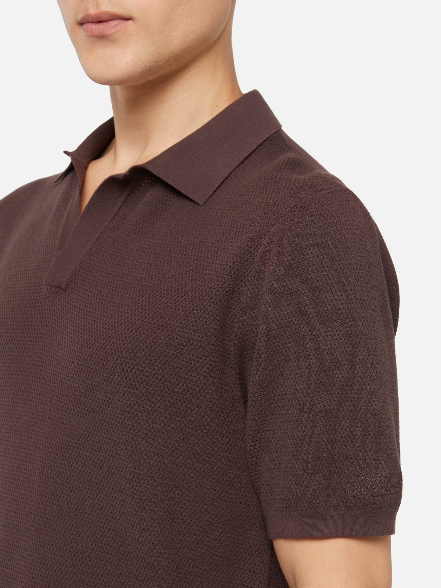 Sloan brown buttonless mesh knitted polo shirt