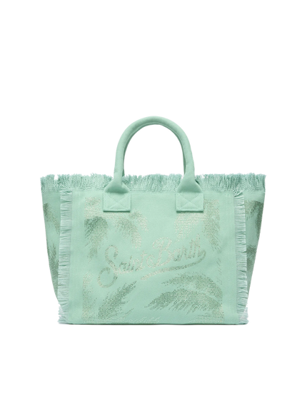 Sage green cotton canvas Vanity tote bag with palm rhinestone embellishment - MC2 Saint Barth