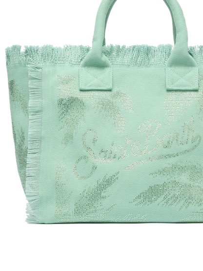 Sage green cotton canvas Vanity tote bag with palm rhinestone embellishment - MC2 Saint Barth